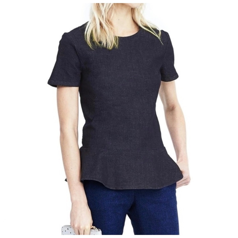 Banana Republic Womens Dark Wash Denim Peplum‎ Top Short Sleeve Indigo Blouse